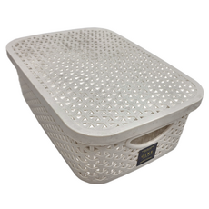 GINII 基尼 3998 北歐編織系列收納籃 附蓋組 長方低 象牙白 4L, S(28 x 19.5 x 9.3cm), 1組