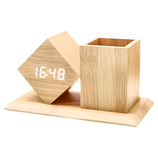 上手家居 LED 鬧鐘筆筒 桌面收納 文具收納 電子鐘 原木色 305g 190*100*105 1入