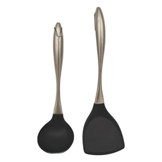 PUSH! 廚房用品 鍋鏟湯勺組 耐熱230度, 黑色 + 銀色, 1組