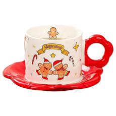聖誕花花造型馬克杯杯盤組 280ml, 薑餅人 白色, 1組
