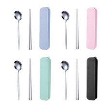 粉彩不銹鋼餐具 3 x 4p 套組, 藍色、綠色、黑色、粉色, 勺子 4p + 筷子 4p + 盒子 4p