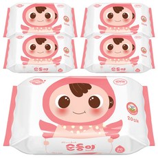 순둥이 베이직 무향 엠보싱 아기 물티슈 휴대 리필형, 5개, 20매, 55g