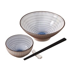 好料理 丼碗組 YA023002 高溫陶瓷 拉麵碗 飯碗 筷子, 白色 + 藍色, 拉麵碗直徑20.3 x 8.3cm + 飯碗直徑12 x 6cm + 筷23.5cm, 1組