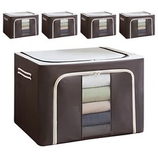 衣物棉被鋼架收納箱，棉麻款，厚實耐用，多功能收納，大容量設計，66L/100L, 59.5 x 41.5 x 39.5cm, 咖啡色, 5個