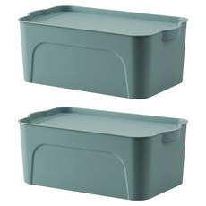 MIKA HOUSE 橘之屋 雙耳收納箱 小 附蓋 2個, 龍膽綠, 1組