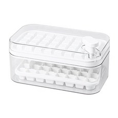 64格按壓式冰塊盒, 上層製冰下層儲冰，一鍵出冰，密封蓋設計，食品級材質，帶冰鏟, 23.8 x 13.5 x 10.9cm, 百合白, 1個