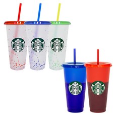 STARBUCKS 星巴克 可重複使用變色冷飲杯5件組, (五彩碎紙)藍色, 綠色, 紅色, (基本款)紅色, 藍色, 710ml