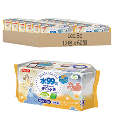 Lec.Be 迪士尼 口手專用純水99%濕紙巾 公主大集合, 60張, 12包