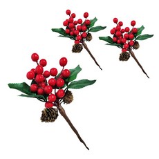 MODACore 摩達客 小紅果松果串枝 3入, 紅果綠葉, 3個