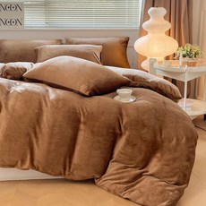 LoveCity 寢城之戀 超保暖抗寒超細法蘭絨 被套床包4件組, 床包 + 被套 + 枕套 2個, Queen Size, 素色咖啡棕