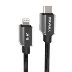 POLYWELL 寶利威爾 Type-C To L 30W 蘋果水晶編織快充線 PW15-W45-A452, 1m, 黑色, 1條