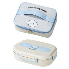 可愛粉貓304不鏽鋼分格便當盒含餐具+湯碗 安全無毒, 1組, 藍狗