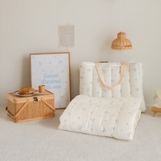 FORMONGDE 鮮奶油莫代爾Duralon雙面幼兒園午睡墊 + 薄被 + 棉芯套組, 蝴蝶結藍