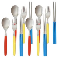 海鷗廚房 蠟筆兒童湯匙叉子4件組, 1組, 兒童湯匙 + 筷子 + 叉子, 紅色 + 黃色 + 藍色