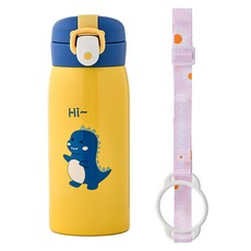 코코메이트 보온 보냉 공룡 텀블러 + 스트랩 세트, 옐로우, 350ml, 1세트