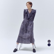 Vocavaca 女性Adel荷葉邊大翻領長版連身裙 VC2378OP003M, DARK NAVY