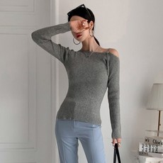 針織女款羅紋不對稱開衩露肩綁帶式針織長袖T恤