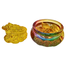 招財水晶琉璃開運擺件 聚寶盆 + 金蟾蜍, 金色