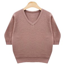 針织女款柔軟厚實泡泡袖短袖V領針織衫