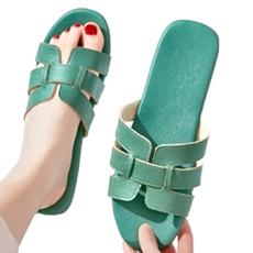 頭層牛皮透氣女士室外涼拖鞋, 35~36, 墨綠色