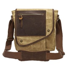 過蠟防潑水帆布配頭層瘋馬牛皮男士翻蓋豎款肩背包 CLB09, 卡其色, 1個