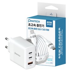 PANTECH PD 65W 3埠 GaN 超高速多功能充電器 + Type-C 矽膠充電線 100W 2m 套組, 白色, 1個