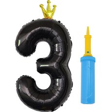 joyparty J Balloon銀箔皇冠數字氣球 大 3+手動打氣筒組, 1組, 氣球(黑色)+打氣筒(隨機出貨)
