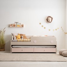 리바트 꼼므주니어 자녀가구 2단 슬라이딩 수납침대 + 가드 + 매트리스 세트 방문설치, 내추럴 + 핑크