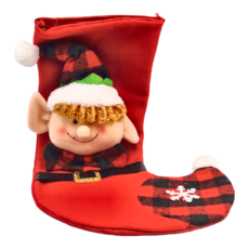 48CM 紅黑格聖誕襪 - 領結精靈, 1個
