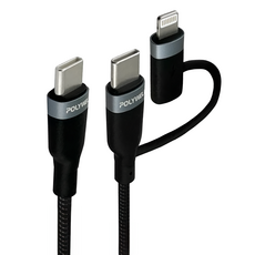 POLYWELL 寶利威爾 USB-C To C+Lightning PD編織快充線, 2m, 黑色, 1條