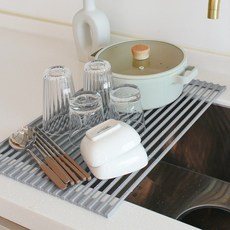 Weeju 不鏽鋼矽膠方形水槽捲簾式瀝水架 18桿, 灰色