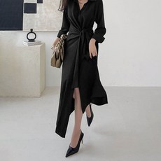 PAPERMENTS V領褶皺長袖開叉襯衫連身裙, 黑色