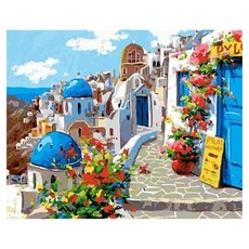 ArtLife 藝術生活 DIY彩繪數字油畫 DT125 高級進口亞麻油畫布 + 實木內框 + 環保丙烯油畫顏料組合包 + 畫筆3支 + 壁掛釘組合 + 號碼線圖紙 40 x 50cm, 愛在希臘, 1盒