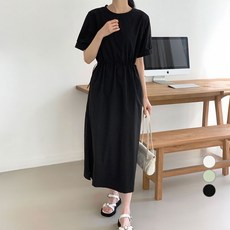 afinar 女款腰部抽繩防皺長版洋裝, 黑色
