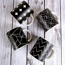 BELUZ casa 韓國製北歐圖案馬克杯 330ml x 4件組, 黑色, 1套