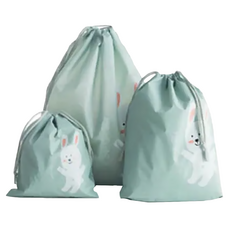 E.City 可愛動物圖案輕旅行束口收納袋 3件套 PEVA材質, 小21 x 24cm 中32 x 27cm 大37 x 41cm, 天藍