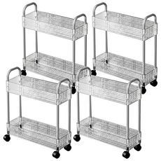 FAmILyLIFE 生活 輕奢鑽紋附輪夾縫置物架 2層 基本款 A-203 寬37 x 深13 x 高43.5cm, 銀色 + 透明, 4個