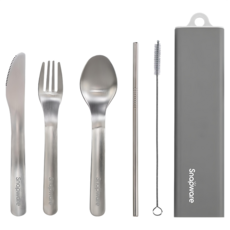 Corelle Brands 康寧餐具 Snapware 餐具5件組, 灰色, 收納盒 + 餐刀 + 餐叉 + 湯匙 + 吸管 + 吸管刷, 1組