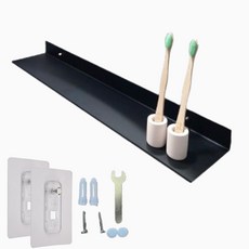 JSMOM 強力免鑽孔一字型浴室置物架, 黑色, 1個