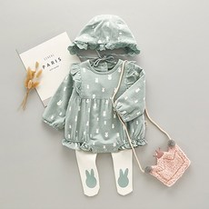 Mom's care 兔子荷葉邊長袖包屁衣+帽子+褲襪