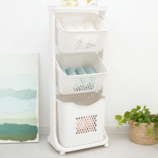엠비코 루비 트임형 모던 트롤리 스윙 3단 빨래바구니, 화이트