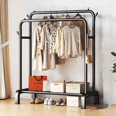 따니태니 2단 스탠드 행거 선반+모자후크 4p 세트, 블랙