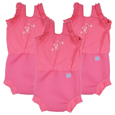 Splash About Happy Nappy Costume 粉紅花朵連身版 世界最佳可重複使用游泳尿布, 大型(L), 3件