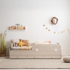 리바트 꼼므주니어 자녀가구 수납 침대 + 가드 + 매트리스 세트 방문설치, 내추럴