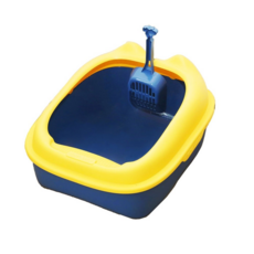 NS_咪咪購物 半封閉防噴濺貓砂盆 貓便盆 加高貓砂盆 走廊貓砂盆 貓廁所 貓砂箱, 1個, 藍黃色, 小(29 x 18 x 39cm)