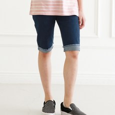 兒童反摺6分彈性牛仔短褲