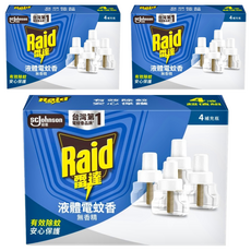 Raid 雷達 薄型液體電蚊香 補充瓶 4入 有效除蚊 安心保護 無香精 無染料, 164ml, 3盒