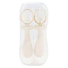 AttiRabbit 可360度彎曲自主學習斷奶湯匙 + 收納盒組, 1套, 布丁奶油