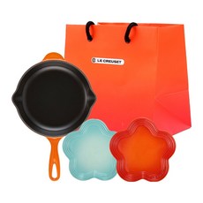 LE CREUSET 鑄鐵平底鍋 + 盤子 4件組, 1套, 鑄鐵平底鍋(1P) + 花朵盤(2P) + 購物袋, 橘色 + 薄荷綠