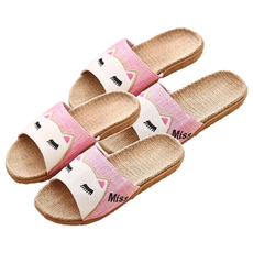 BonBon naturel 女款 亞麻可愛貓咪透氣室內防滑拖鞋, 粉紅色, 2雙